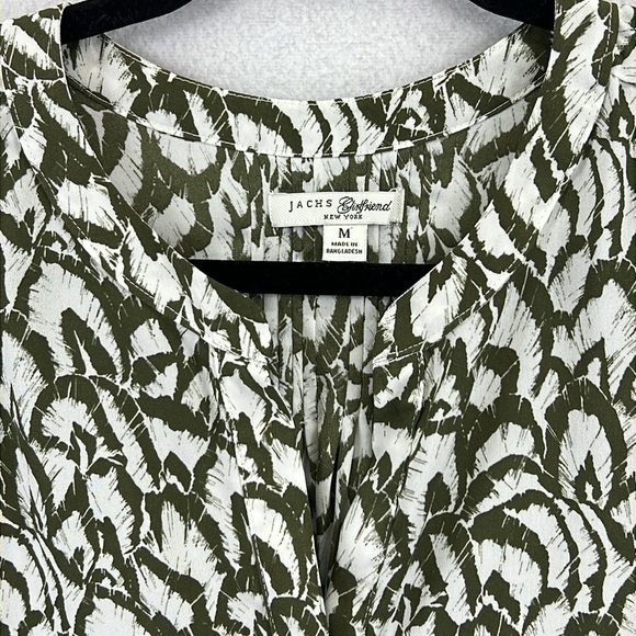 Jach’s Girlfriend Blouse Sz M Olive & Cream Polyester Button Front 3/4 Like New - Picture 3 of 12
